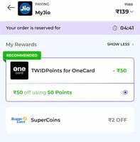 Onecard 50rs discount on 189 rs jio recharge 