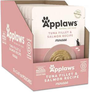 Applaws Natural Premium Wet Cat Food for Adult Cats, Tuna Fillet & Salmon Recipe Mousse Pack of 12 x 70g Pouches 