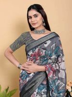 MANASTEXTILS Floral Print Fashion Cotton Blend Saree with Unstitched Blouse (Multicolor)