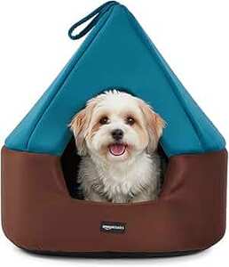 Amazon Basics Pet Bed Cave | Soft & Warm Indoor Tent Bed for Cats, Kittens & Small Dogs | Foldable with Removable Cushion | Light Blue & Coffee | Diameter 45 cm, Height 45 cm 