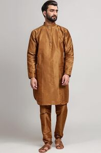 SKAVIJ Men's Art Silk Solid Kurta Pyjama Set Festive Woven Design 2-Piece Ethnic Dress