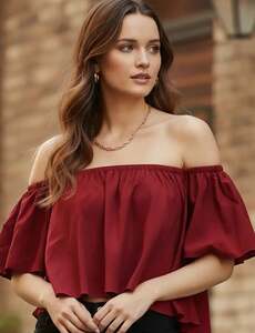 Berrylush Maroon Ruffled Bardot Top