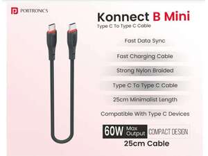 Portronics Konnect B Mini USB-C to USB-C Cable, 60W, 25cm 