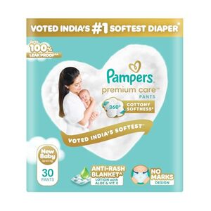 Pampers Premium Care Pant Style Baby Diapers XS 30 Count | No Marks Design | Voted India’s #1 Softest Diaper | All in 1 diaper with 360 Cottony Softness