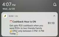 BHIM Cashback Hour: Send ₹20+ to 2 Friends/Family & Get Up to ₹20 Cashback | 3–5 PM Only (May be User specific)