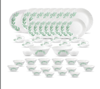 La Opala Diva Classique Collection Opal Glass Crockery | for Family of 8 | Dinner Set 53 pcs Olive Trails | Plates, Bowls & Cups for Dining | Microwave Safe | 100% Vegetarian | Extra Strong | White