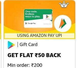 Google play giftcard: 50 cashback using Amazon pay upi (Mov 200 )
