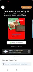 Scapia - Refer 6 friends and get Rs. 30000 Tanishq gold voucher of Marshal speaker