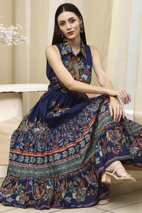 Indigo Cotton Floral Tiered Dress