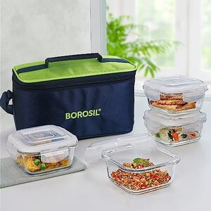 Borosil Alfa Green Borosilicate Glass Lunch Boxes Set of 4 (320 ml Each) with Lunch Bag