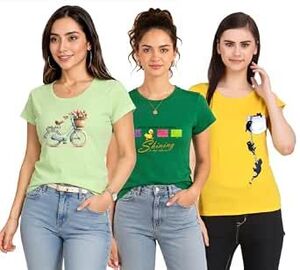MODISH women's round neck cap sleeve printed cotton t-shirts combo of 3 t-shirts 
