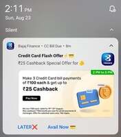 Bajaj Finance: Up to ₹25 on 3 Credit Card Bill Payments on ₹100+ | 2–5 PM | Got ₹10 cashback