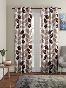 Cortina 2 Piece Floral Design Panel Eyelet Polyester Door Curtains - 7 Feet, Brown | Light-Filtering | Set of 2 panels in floral design with eyelet, light-filtering polyester fabric, 7 feet length in brown 