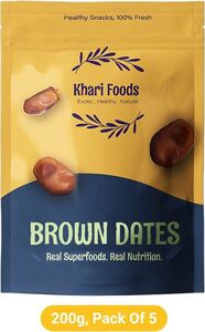 Khari Foods Premium Brown Dates 1kg Khajur / Khajoor, Fibre Rich, Energy Booster Snacks Dry Dates (5 x 200 g