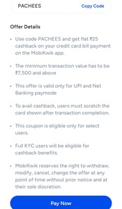 Get flat Rs.25 cashback on credit card bill payment on 7500  and more