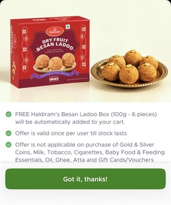 Get Haldirams free besan ladoo 6 pcs orders above 999