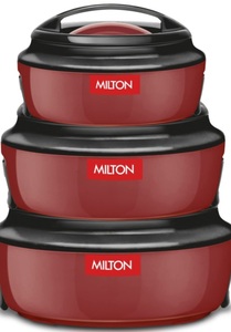 Milton Ernesto Inner Stainless Steel Jr. Casserole Set of 3 (390ml, 720 ml, 1320 ml), Red | Easy to Carry | Serving | Stackable