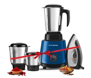 Longway Roto Max with Powerful Motor & Kwid 1100 Watt Dry Iron | 500 W Juicer Mixer Grinder| 3 Jars | Blue & Black)