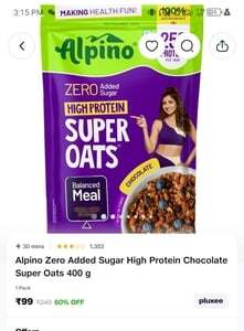 Alpino High Protein Chocolate Super Oats 400g ₹99 on Blinkit ₹220