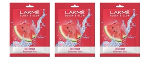 Lakme set of 3 blush and glow watermelon sheet mask 25 ml each