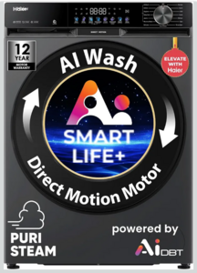 Haier Smart Choice 12 Kg, 5 Star, AI Smart LIFE+, Hygienic Care,ABT,525 mm Super Drum