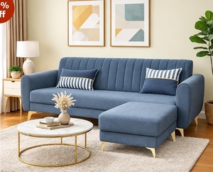 Adorn India Premium Luster 3 Seater | Velvet Suede Fabric | 3-Year Warranty | Color Grey with Golden Legs & Striped Pattern Cushion