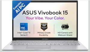 ASUS Vivobook 15 (2026),Intel Core 5 (Series 3-Latest Gen),Fingerprint Sensor,8GB RAM,512GB SSD,FHD,15.6"(39.6 cm),Windows 11,M365 Basic(1Y),Office 2024,Cool Silver,1.7 Kg,X1504MA-BQ832WS,AI Laptop
