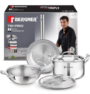 Bergner TriPro 5 Pcs Triply Stainless Steel Cookware Set - 24cm (3L) Kadai with Lid, 20cm (3.4L) Casserole/Biryani Pot with Lid, 22cm (1.5L) Frypan, Less Oil Use, Healthy Cooking - Induction Bottom