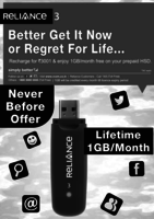 Reliance Netconnect 1GB per month For Lifetime @ Rs 3,001