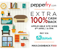 100% Cashback Offer on Pepperfry.com from 6 -7 pm Today | Mobikwik Wallet Only