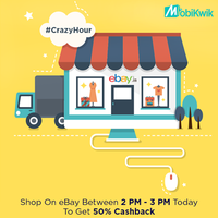 Mobikwik CrazyHour, Get 50% Cashback On Ebay, Max Cash Back is 250 Rs, Valid between 2 Pm to 3 Pm