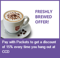 Flat 15% discount on cafe coffee day on paying from Pockets wallet.