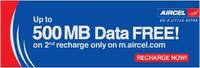 Get Upto 500 MB Free internet data on Online Topup recharges Using Promo codes At Aircel 