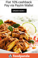 Get 10% cashback @ Foodpanda through Paytm Wallet