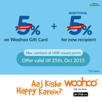 5% cashback on Woohoo Gift Card + additional 5% cashback for new recipient via Woohoo app