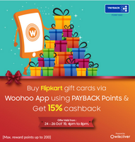 Woohoo.in: 15% Cashback on flipkart gift cards using Payback Points