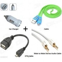 Combo Pack of OTG + Charging Cable For Mobile + Car Mobile Charger + Audio Cable @ Rs.99 (MRP : Rs.199)
