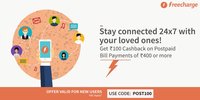 Get Rs.100 cashback on a Postpaid bill payments of Rs. 400.@Freecharge Valid only for New users