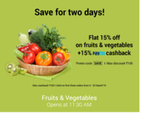 Grofers Fruit & Vegetables 15% off + 15% cashback via Paytm