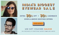Lenskart India's Biggest Eyewear Sale- Extra 30% Off + 30% Cashback Over & Above of Any Offer