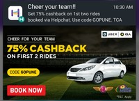 75% cashback on 1st TWO rides - Helpchat
