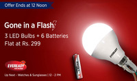 paytm: Eveready 7 Watt 6500K Pack of 3 With 6 Pc Battery free@299+shipping(20 may varry to pincode)