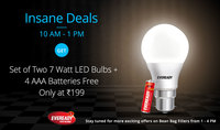 Paytm Insane Deals :Eveready 7 Watt 6500K Pack of 2 With 4 Pc Batteries free Rs 199 