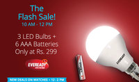 Eveready 7 Watt 6500K Pack of 3 With 6 Pc Battery free Rs 299 @Paytm