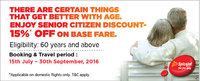 Get 15% discount on base fare for Senior Citizen