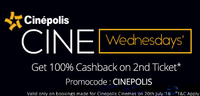 Cinepolis Cinemas - Get 100% Cashback upto ₹150 on the 2nd Movie ticket.
