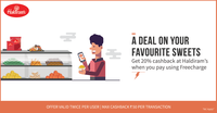 Get 20% cashback at Haldirams Retail Stores when you Pay via Freecharge wallet