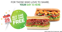 SUBWAY - Buy 1 Get 1 Free on 26 august 2016 (Valid across India)