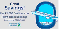 Get flat Rs.1000 cashback on flight ticket bookings on Minimum transaction value of Rs.5000 with Standard chattered bank debit and credit card holders.