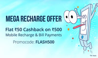 Rs.50 cashback on Rs.500.Valid on (prepaid, postpaid, dth, datacard, landline)